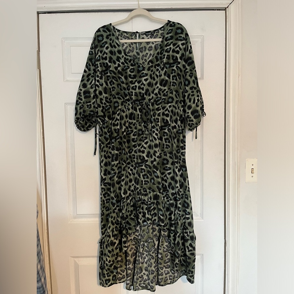 Green leopard print high low dress